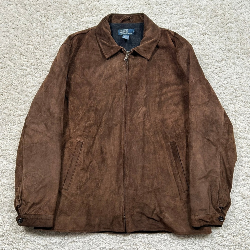 Polo Ralph Lauren Suede Harrington Jacket Large Brown Wool Lined Full Zip